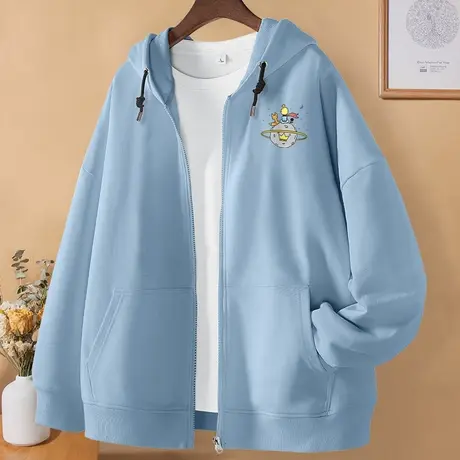 春秋款外套女宽松蓝色连帽卫衣2023新款小个子百搭慵懒风休闲开衫图片