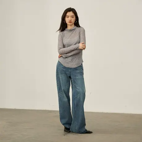 omont蛋挞家 纯色长袖打底衫女秋2023新款百搭修身叠穿半高领上衣商品大图