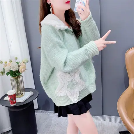 甜美羊羔毛领套头毛衣女秋冬2023年新款宽松设计感软糯打底针织衫图片