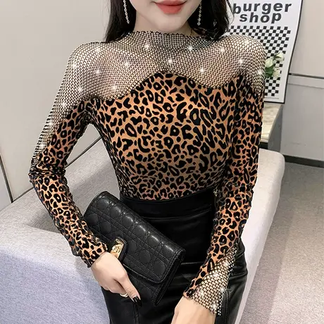 网红女装性感镂空打底衫春秋欧货豹纹T恤女长袖洋气重工烫钻上衣商品大图