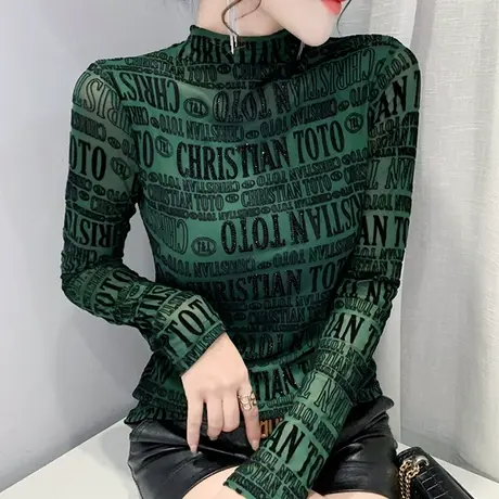 时尚烫钻网纱T恤女ins2024春秋新款小衫半高领打底衫长袖气质上衣图片