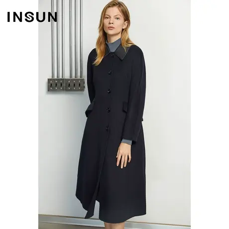 INSUN恩裳冬季藏蓝色绵羊毛大衣商品大图