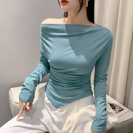 网红一字领长袖T恤女春秋新款性感打底小衫设计感不规则露肩上衣商品大图