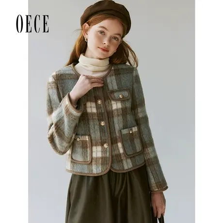 【新品】Oece复古格纹毛呢外套女冬季新款小个子呢大衣短图片