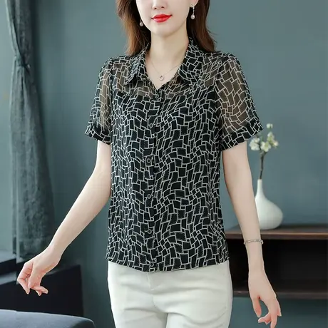 2023新款夏季短袖雪纺衬衫女薄款洋气减龄女上衣中年妈妈别致小衫商品大图
