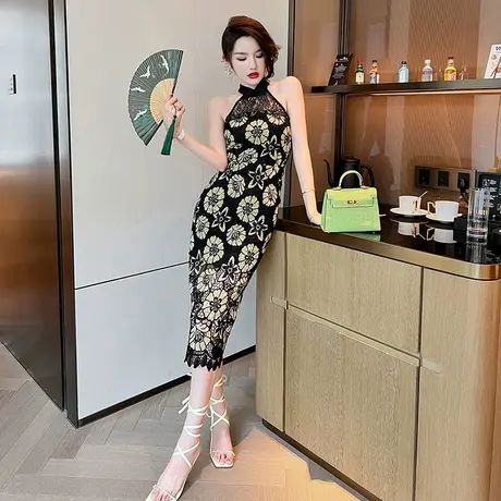 国风小清新优雅挂脖改良旗袍年轻款夏季洋气修身蕾丝包臀连衣裙女商品大图