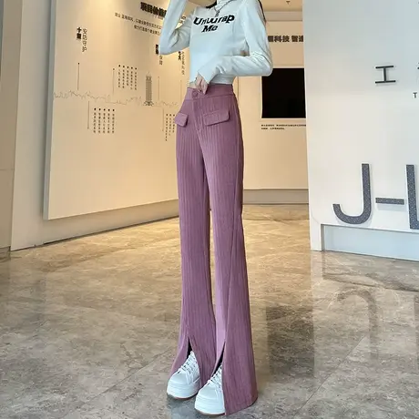 粉色灯芯绒裤子女秋冬季新款高腰开叉休闲雪尼尔垂感显瘦微喇叭裤图片