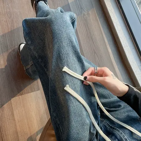 港味牛仔裤女秋季设计感高腰抽绳复古宽松阔腿裤直筒显瘦拖地裤子商品大图