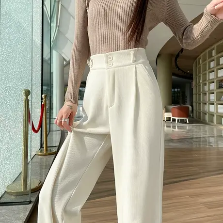 米白色雪尼尔阔腿裤女秋冬款高腰宽松垂感小个子直筒灯芯绒休闲裤商品大图