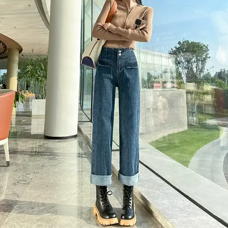 深色阔腿牛仔裤女秋冬2024新款高腰直筒宽松显瘦毛边设计感拖地裤商品大图
