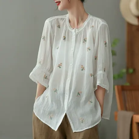 dza 复古刺绣苎麻衬衫女2023夏薄款圆领衬衣气质漂亮棉麻开衫上衣图片