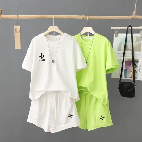 休闲套装女短袖t恤+运动短裤两件套装宽松百搭运动风套装时尚热裤商品大图