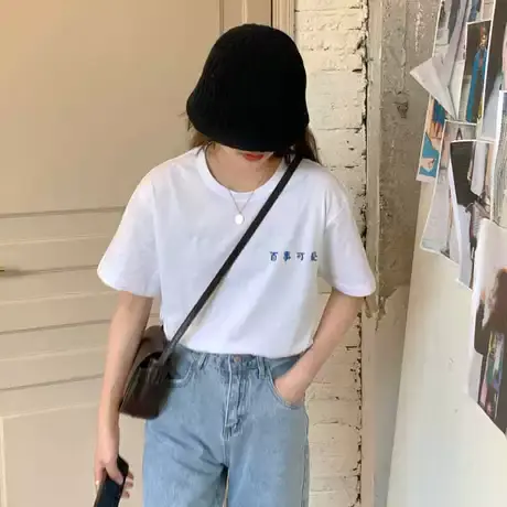 白色短袖t恤女2024夏季新款宽松韩版薄款港味chic半袖男女款上衣图片