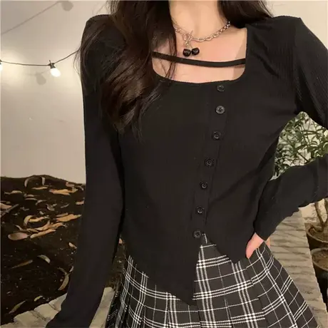 纯欲辣妹u领薄款长袖T恤女早秋短款弧形下摆修身显瘦打底小衫上衣图片
