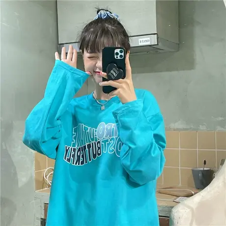 红续2023春装新款字母小众宽松百搭纯棉薄款长袖卫衣T恤女上衣ins商品大图