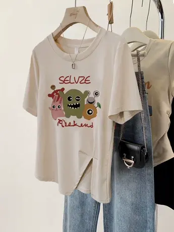 辣妹风开叉t恤女2023新款夏季ins潮韩系百搭温柔卡其短袖纯棉上衣商品大图