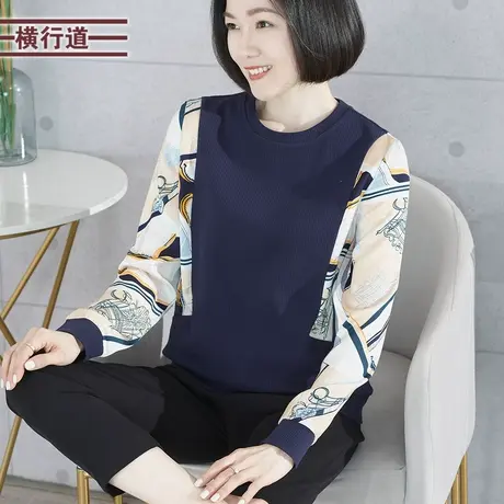 2025春季上衣服休闲圆领拼印花雪纺宽松长袖打底衫简约大码女装图片