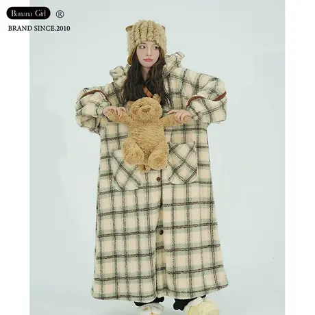 Bananagirl珊瑚绒冬季女士加厚加绒睡袍长款女士可外穿家居服格子商品大图