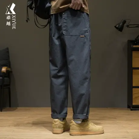 希越纯棉大口袋休闲裤男士秋冬季宽松大码加厚百搭美式直筒长裤子商品大图