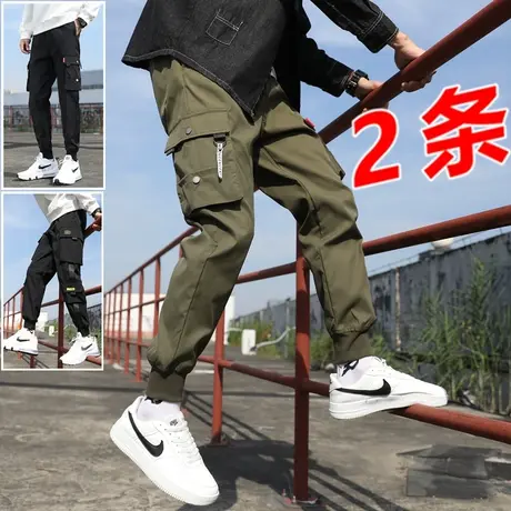 束脚裤子男秋冬工装裤男士军绿休闲宽松潮牌靴裤男裤配马丁靴裤子商品大图