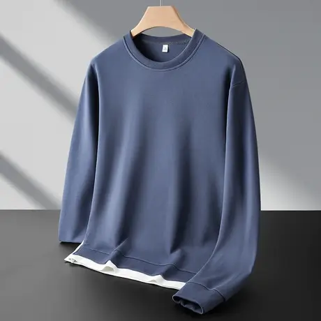 秋冬季无帽套头纯色圆领卫衣男士下摆假两件2024新款冬天内搭上衣商品大图