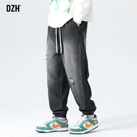 男士黑色破洞牛仔裤潮牌男美式高街裤子休闲百搭宽松哈伦束脚裤男商品大图