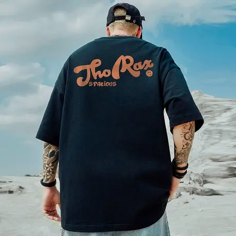 美式重磅潮牌宽松T恤胖子短袖男加肥加大五分袖字母大码男装夏季图片