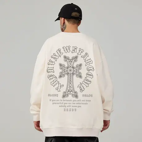 oversize港风圆领卫衣胖子男生潮牌潮流大码男装春秋冬款加绒无帽商品大图