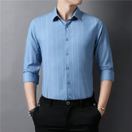 男士长袖衬衫2022春秋季青年时尚休闲宽松寸衫男商务修身条纹衬衣商品大图