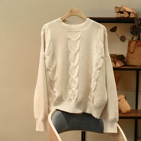 享永子L【真的好百搭又不挑人】纯色麻花圆领套头针织衫女秋冬商品大图