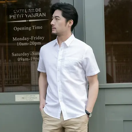 格慕施夏季薄款亚麻衬衫男士短袖宽松休闲麻布料上衣纯色棉麻衬衣商品大图