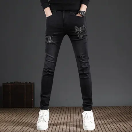 黑色牛仔裤男款秋冬款修身小脚2023新款潮牌烫钻弹力男士裤子痞帅图片