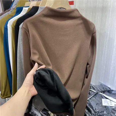 法式洋气半高领长袖T恤女秋冬ins潮流时尚加绒加厚内搭打底衫上衣商品大图