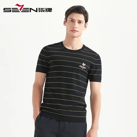 柒牌男装清仓针织衫夏季时尚条纹圆领短袖立体刺绣男士潮流半袖图片