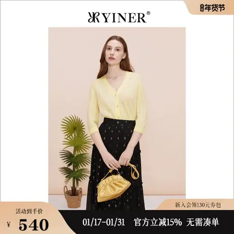 YINER音儿专选女装夏季V领七分袖泡泡袖针织衫上衣图片