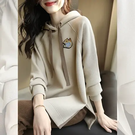 宝诗黎中长款连帽宽松上衣2023百搭时尚新款秋季开叉显瘦卫衣女装图片