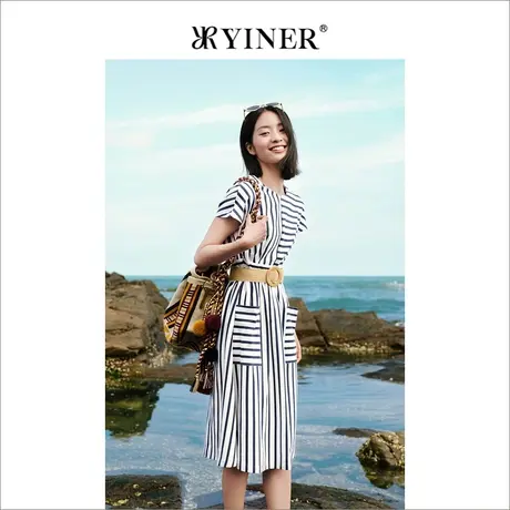 YINER音儿女装夏设计感气质a字裙时髦条纹修身连衣裙图片