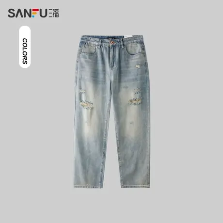 三福2024夏季男士复古黄泥破洞牛仔裤 潮流宽松直筒长裤483211商品大图