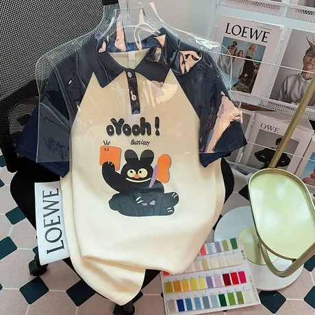 日系polo衫设计感短袖t恤女夏季新款小众宽松港味chic上衣服潮牌商品大图