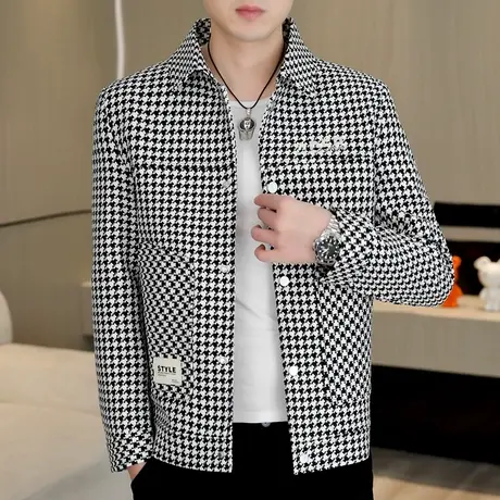 轻熟风男装休闲翻领外套春秋季2024新款时尚短款韩版千鸟格子夹克图片