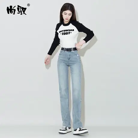 港风窄版蓝色牛仔高腰弹力直筒裤女2024年春季新款时尚百搭拖地裤图片