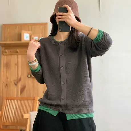 dza 复古拼接棉线针织开衫女2024春宽松圆领毛衣外套休闲短款上衣图片