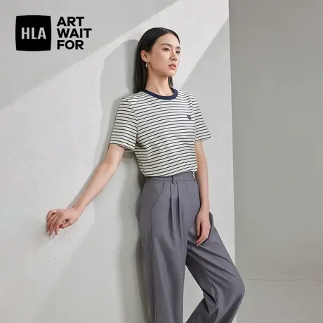 HLA/海澜之家时尚条纹针织短袖T恤2024春夏新款珠地圆领休闲女装商品大图