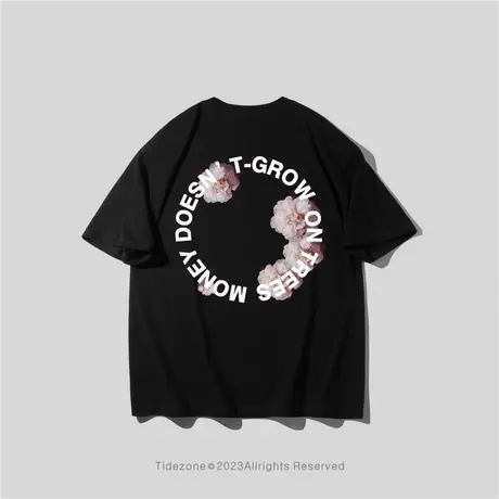 Ohlyah大码复古圆圈粉玫瑰花圆领短袖T恤男女宽松潮牌夏季情侣装图片