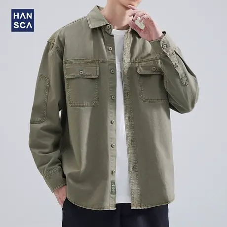 hansca长袖衬衫男士秋季新款美式复古纯棉翻领潮流青少年工装外套商品大图