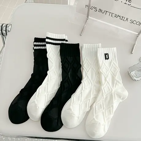 黑白中筒袜女春夏新款纯棉袜子ins风字母学院风少女双杠简约长袜商品大图