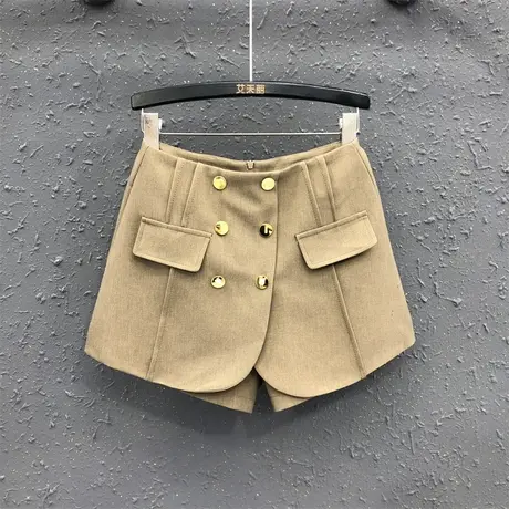 欧货韩版休闲裤女24春夏新款卡其色假两件设计感时尚百搭阔腿短裤图片