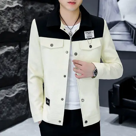 男士新款潮流拼接撞色夹克上衣秋季翻领休闲青年高端帅气褂子外套商品大图