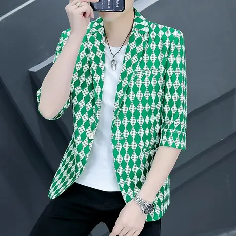 夏季薄款西服男士七分袖潮流帅气外套上衣ins韩版个性中袖小西装商品大图