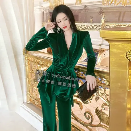 VJE法式优雅不规则裙摆外套喇叭裤两件套秋季轻奢丝绒套装女商品大图